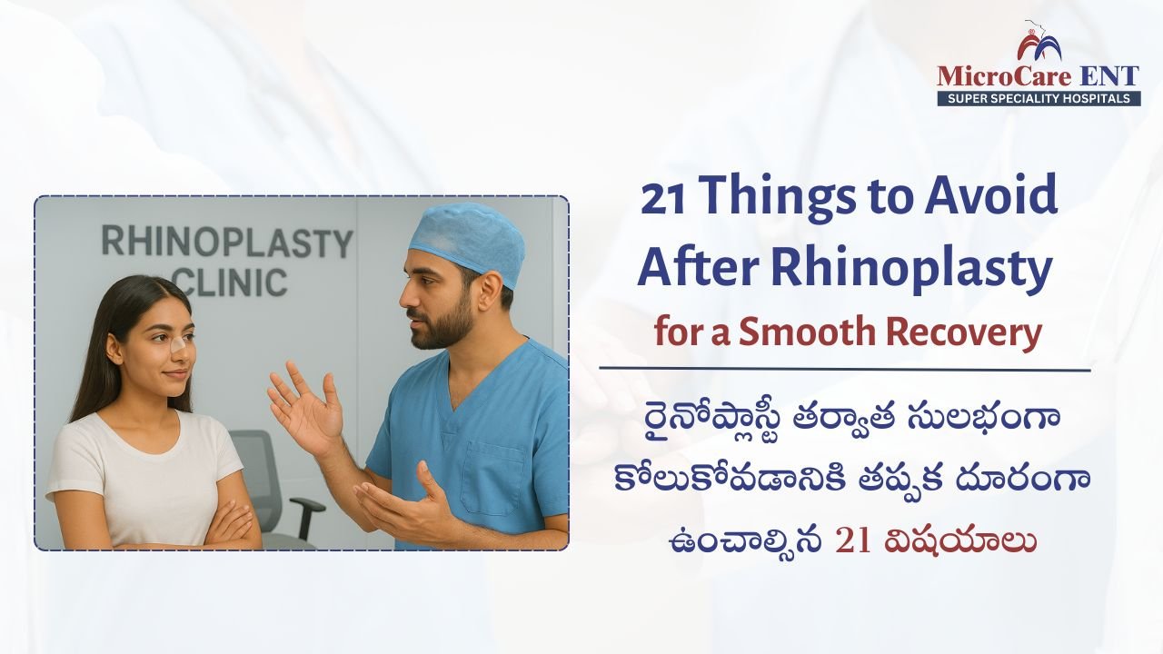 Doctor explaining post-rhinoplasty care to a woman with a nasal bandage, with text reading “21 Things to Avoid After Rhinoplasty Surgery.”