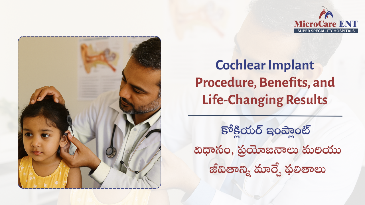 Surgeon inserting cochlear implant device behind the ear on patient