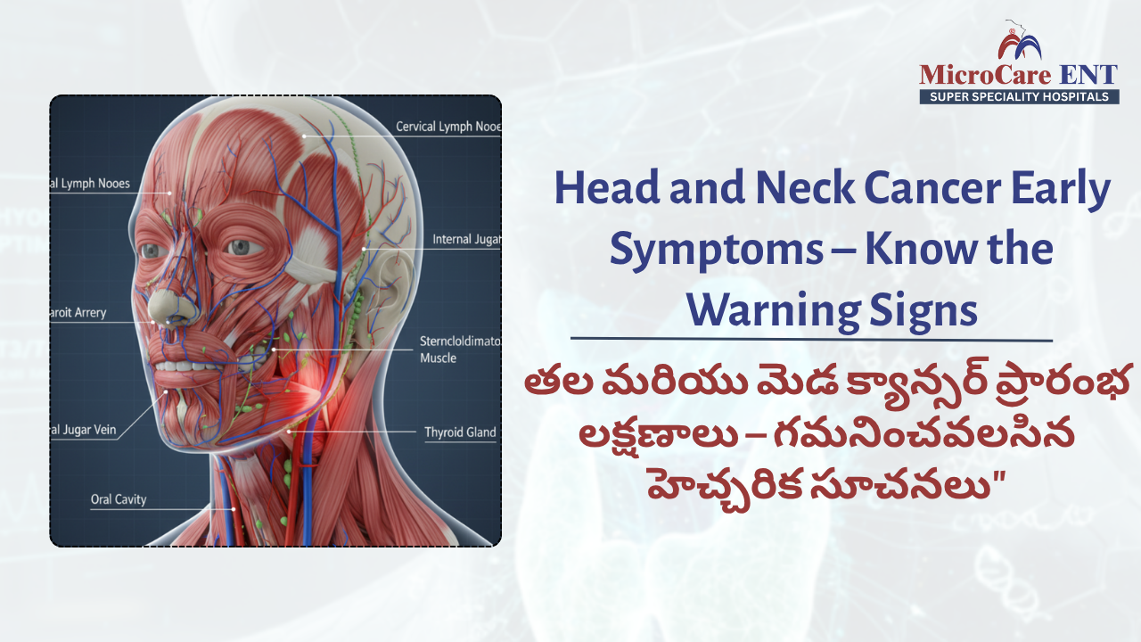 Illustration showing head and neck cancer early symptoms with affected areas like throat, mouth, and lymph nodes highlighted — awareness concept.