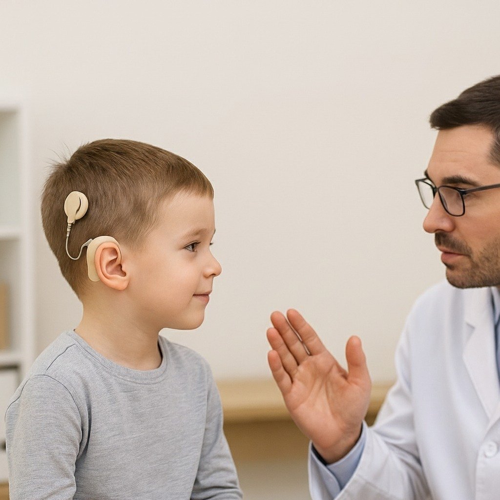 Cochlear Implant Benefits Explained with a child wearing a cochlear implant during an ENT consultation