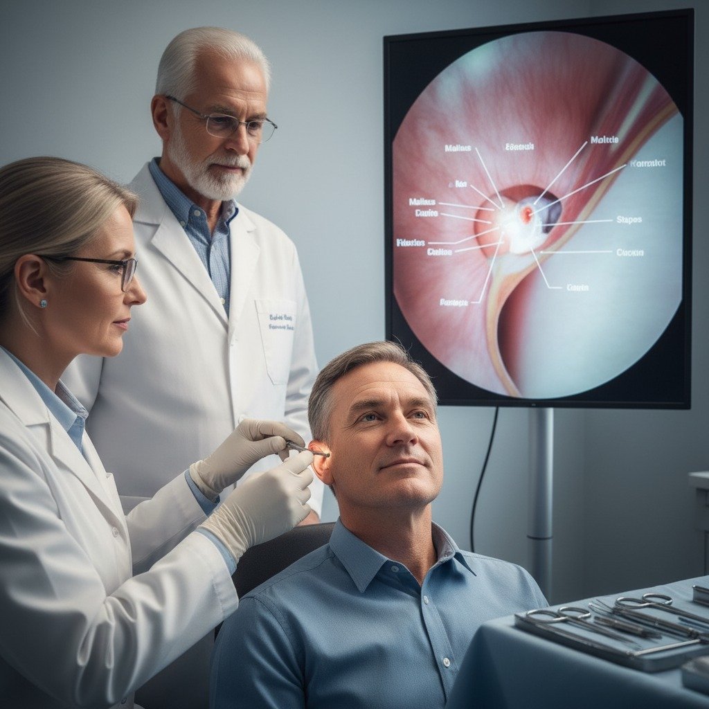 Otologist examining a patient’s ear with endoscopic imaging while a senior ENT specialist observes in a clinic setting.