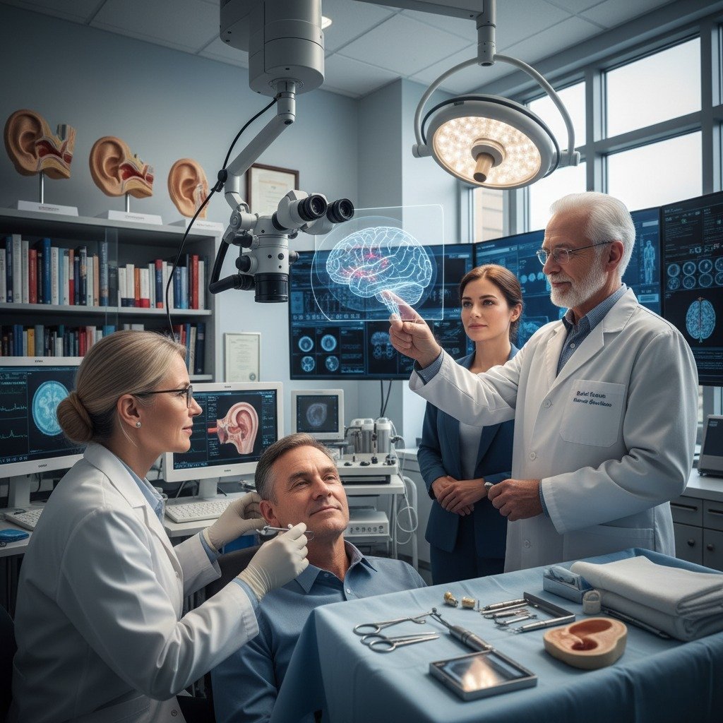 Otologists and Neurotologists performing an advanced ear and neurological evaluation using digital imaging and microsurgical equipment in a modern ENT clinic.
