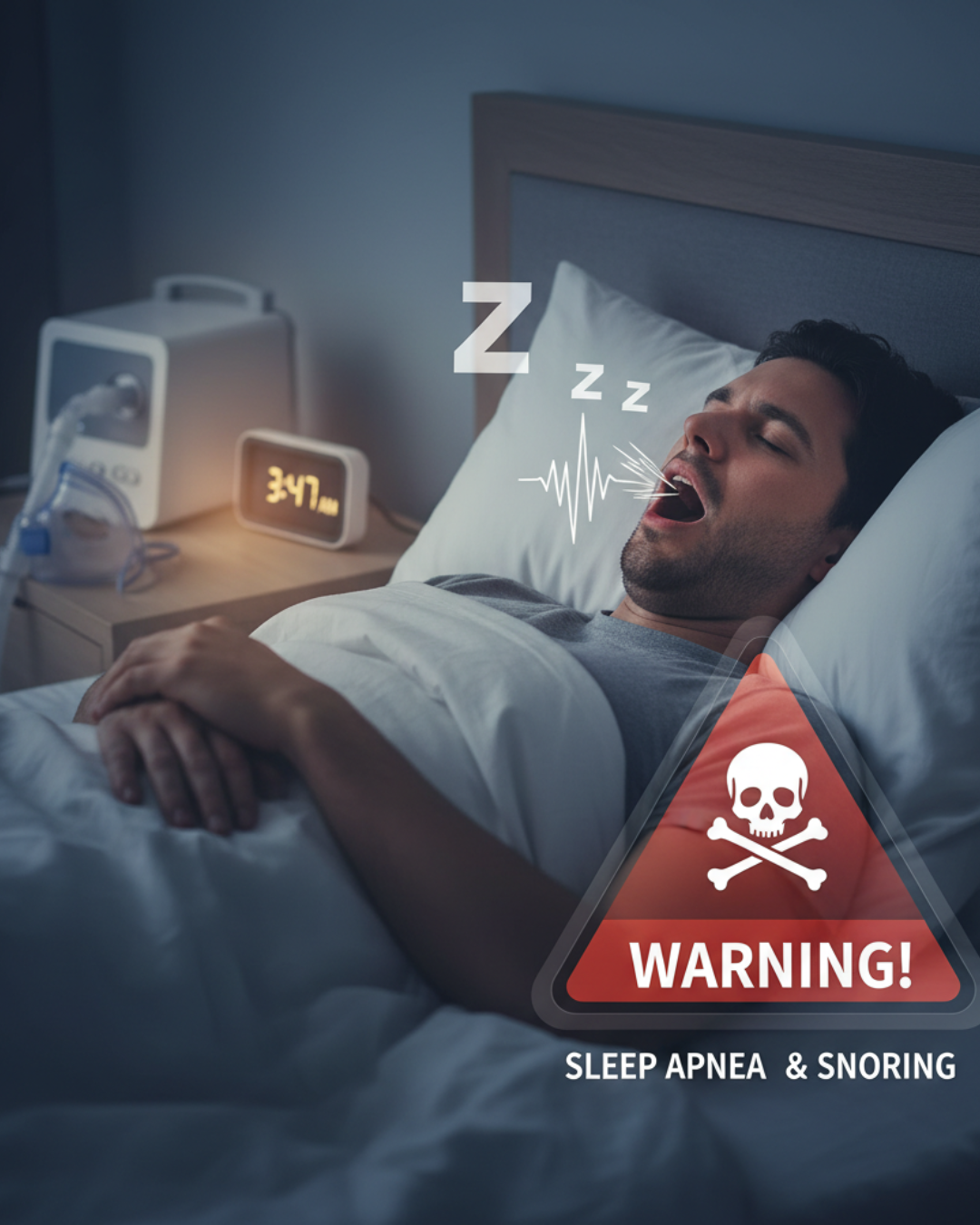 Sleep apnea and snoring treatment illustration showing airway blockage during sleep