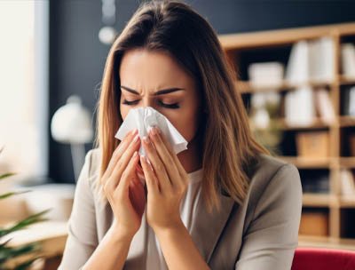 Woman sneezing into a tissue, showing symptoms of nasal allergies.