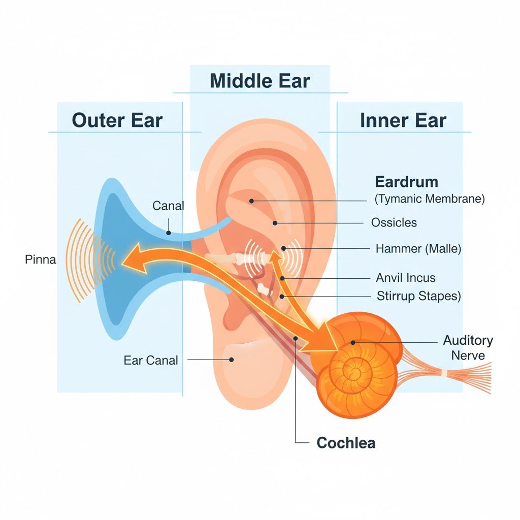 Diagram of the ear anatomy and hearing system showing outer, middle, and inner ear with sound waves traveling to the brain for clear hearing.