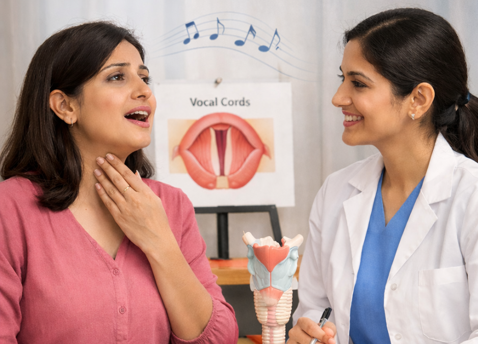 Speech therapy session for hoarseness and vocal strain with ENT specialist at MicroCare ENT Hospital Hyderabad Telangana