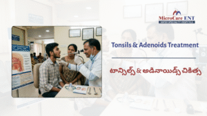 Doctor checking throat for tonsillitis and adenoid treatment in Hyderabad ENT hospital