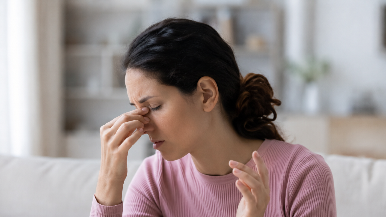 woman suffering from sinus and breathing problems before rhinoplasty treatment in Hyderabad