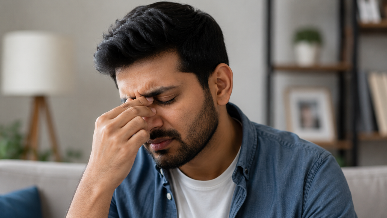 man experiencing one-sided nasal blockage seeking rhinoplasty treatment in Hyderabad