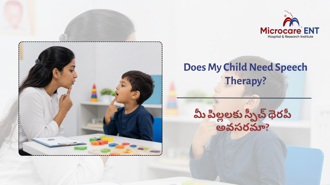 speech therapist helping child with speech delay at MicroCare ENT Hospital Kukatpally