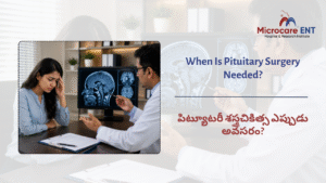 ENT skull base surgeon evaluating patient for pituitary tumor surgery in Kukatpally Hyderabad
