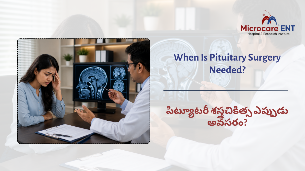 ENT skull base surgeon evaluating patient for pituitary tumor surgery in Kukatpally Hyderabad