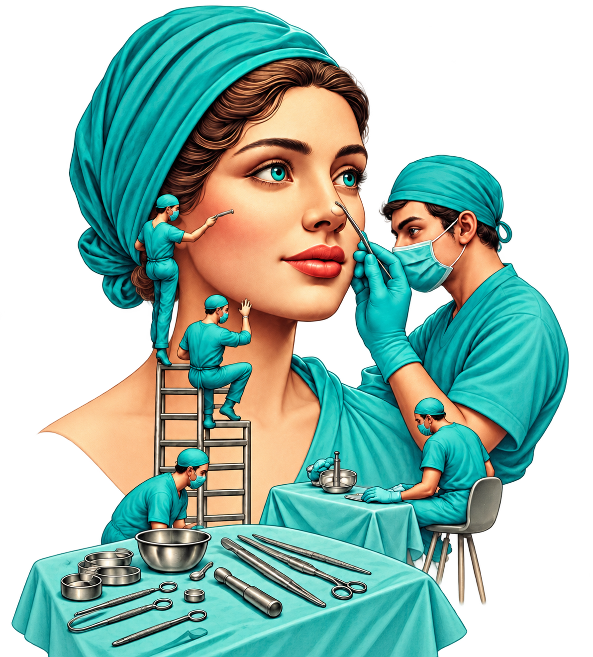 Illustration: surgical team sculpting a nose, for the Your Best Nose rhinoplasty workshop